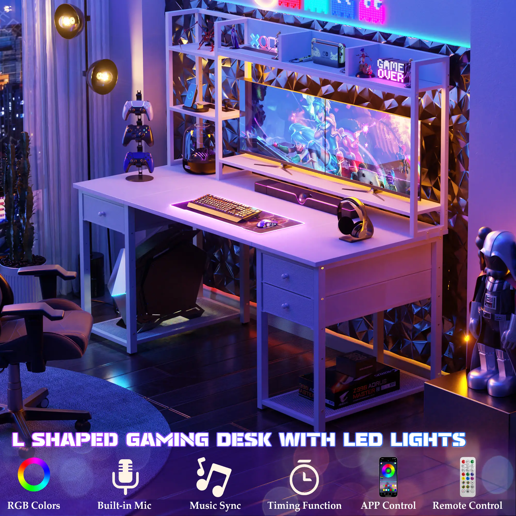 Gaming Desk with Hutch, 47.2'' and 55.2'' Computer Desk with Drawers, Reversible Office Desk with Storage Bookshelf Large Workstation Desk with Shelf