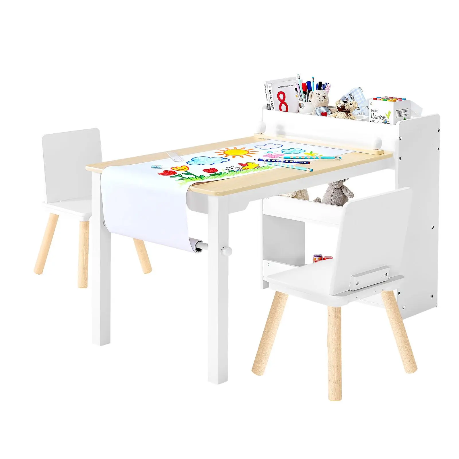 VEVOR Wood Rectangular Kids Art Table & Chair Set - Rounded Edge Safe, Solid Panels, Pine Legs, 3-Tier Storage Cabinet, 2 Chairs, 110 lbs Capacity, Waterproof Wipe-Clean Top, Paper-Holding Area, Durable Toddler Desk for Reading, Learning