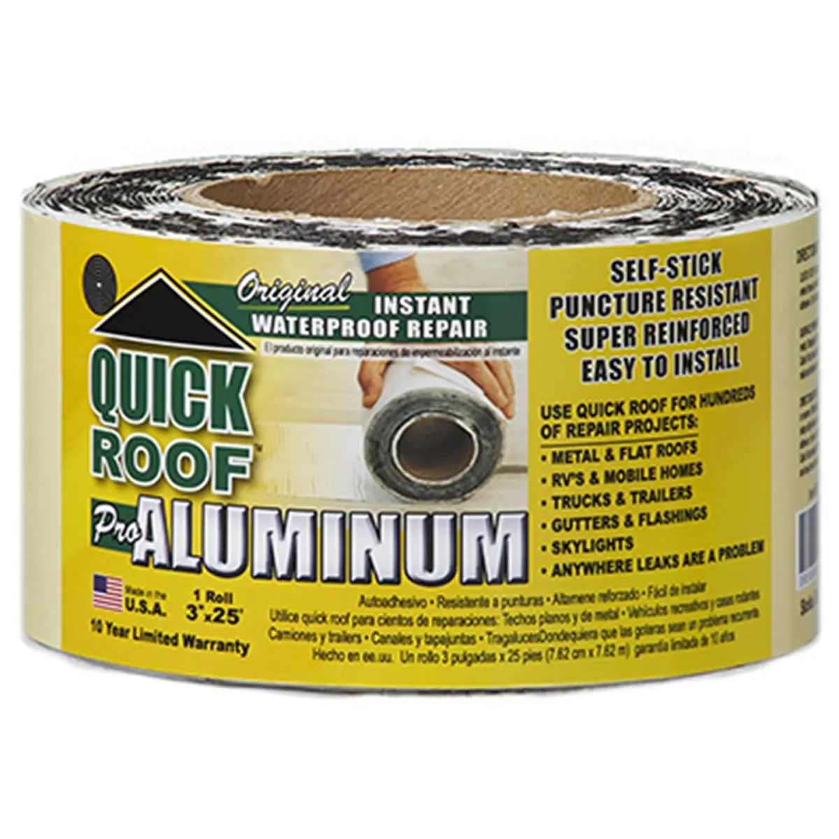 212 MAIN QR325 Model Self-Stick Waterproof Roof Repair Stick Tape (1 Roll, 2 lbs) - 3 in x 25 ft, 5 Puncture-Resistant Super Reinforced Layers, Easy to Install for Metal & Flat Roofs, Aluminum Surfaces, Gutters & Flashings, Skylights, Rv & Mobile Homes