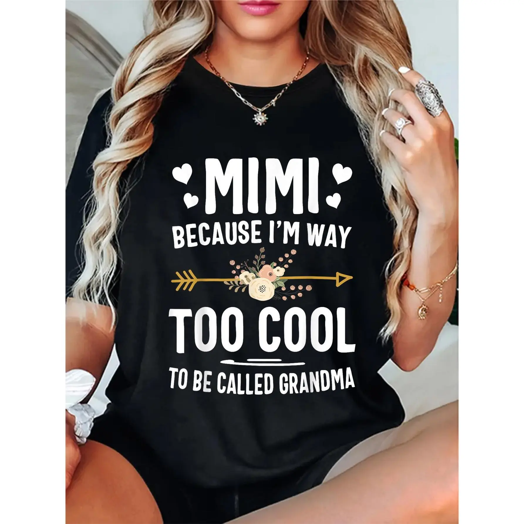 Funny Mimi T-Shirt Black - Because I'm Way Too Cool to Be Called Grandma Graphic Tee, 100% Cotton, Short Sleeve, Crew Neck, Casual Wear for Women
