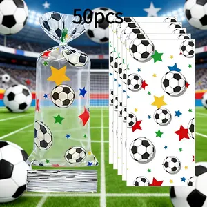50pcs Football Theme Transparent Gift Bags, Classic Soccer Patterns, Colorful Stars, Perfect for Football Events, Ideal Gifts