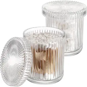 2 Pack Glass Qtip Holder with Lid, Qtip Dispenser Bathroom Storage Jars- Glass  Jars for  Ball, Swab, Pads, Floss Picks, Bathroom Accessories Organization and  Organizer(Clear)