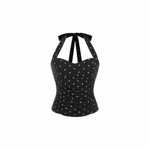 Cider Cotton Polka Dot Halter Neck Ruched Tie Back Top