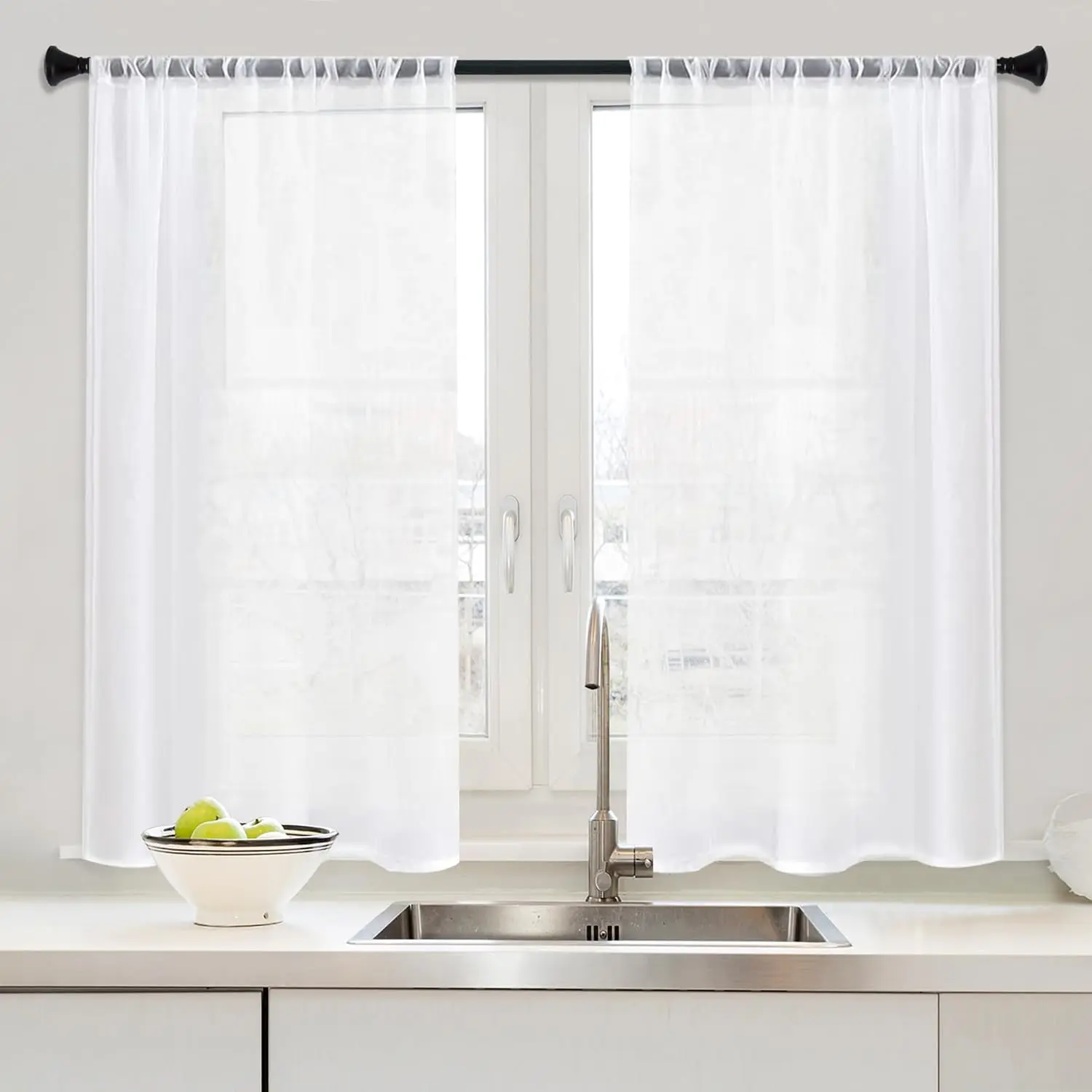 2-Panel 40-in Long White Sheer Tier Curtains, Light Filtering Rod Pocket Voile Cafe Curtains for Small Half Windows, Kitchen & Bathroom Home Supplies, 40 Inch