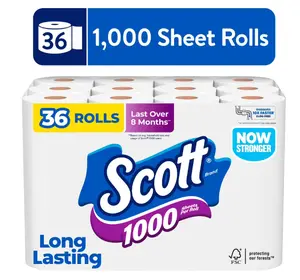 Scott 1000 Toilet Paper 36 Rolls, 1000 Sheets Per Roll, Septic Safe Tissue