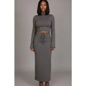 Mock Neck Bell Sleeve Crop Top & Maxi Skirt Set
