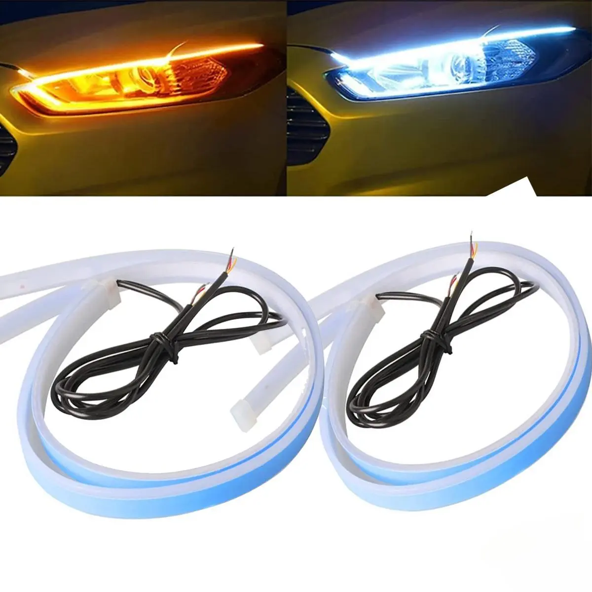 2Pcs Switchback LED Headlight Strip Lights, 24 Inch Flexible Sequential Turn Signal Yellow & Daytime Running Light White, Waterproof Ultra-Thin DRL Decorative Tube Lamp for Cars, SUV, Truck