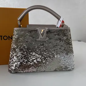 Pre-owned Louis Vuitton Leather Shoulder Bags 2015 Beige Metallic Sequins capucine Taurillon BB with charm