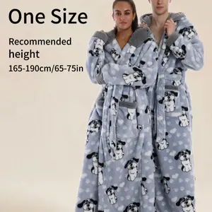 Unisex Flannel Bathrobe with Dog Print, Hooded Waist Belt & Pockets, Soft & Warm, Perfect Gift, 140cm Long