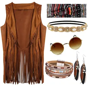 60s 70s Outfit for Women Hippy Accessories Fringe Hippie Vest Clothes for Halloween Disco Party Hippie Costume Set