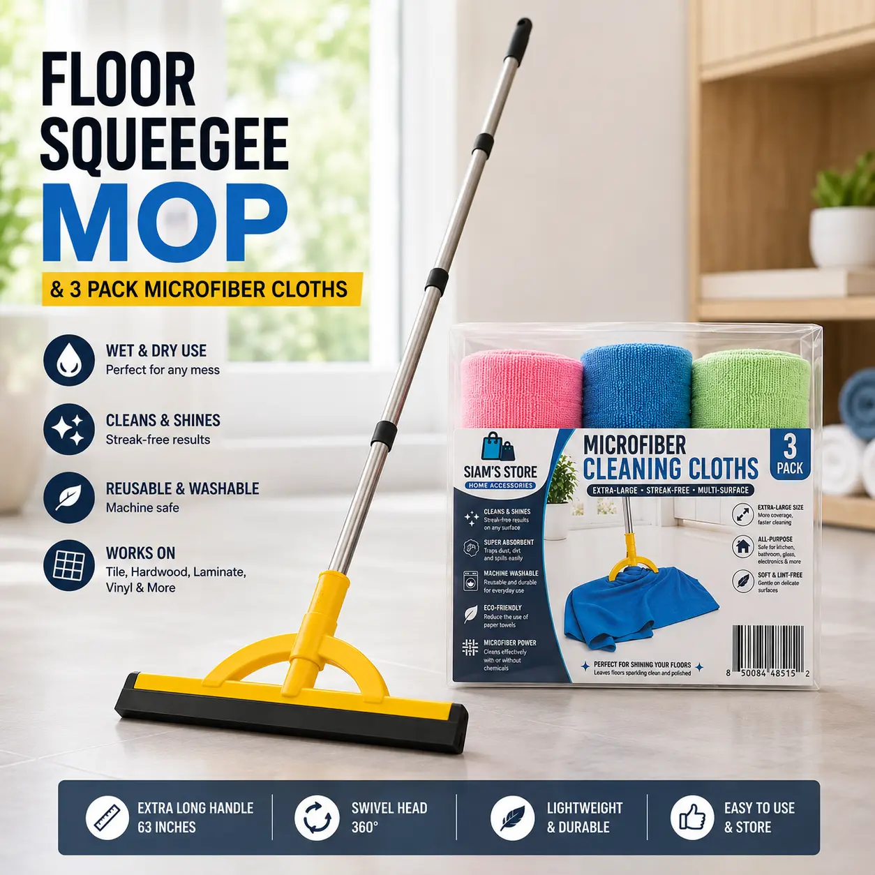 Siam’s Store 2-in-1 Floor Squeegee Mop with 3 Microfiber Cleaning Cloths
