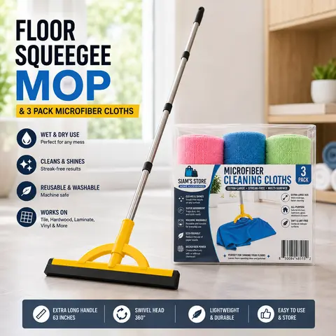 Siam’s Store Extra-Long 2-in-1 Household Floor Cleaner Tool - Squeegee Mop with Extra-Large Microfiber Cloths, Choose 3, 6 or 12 Pack for Smooth Surfaces