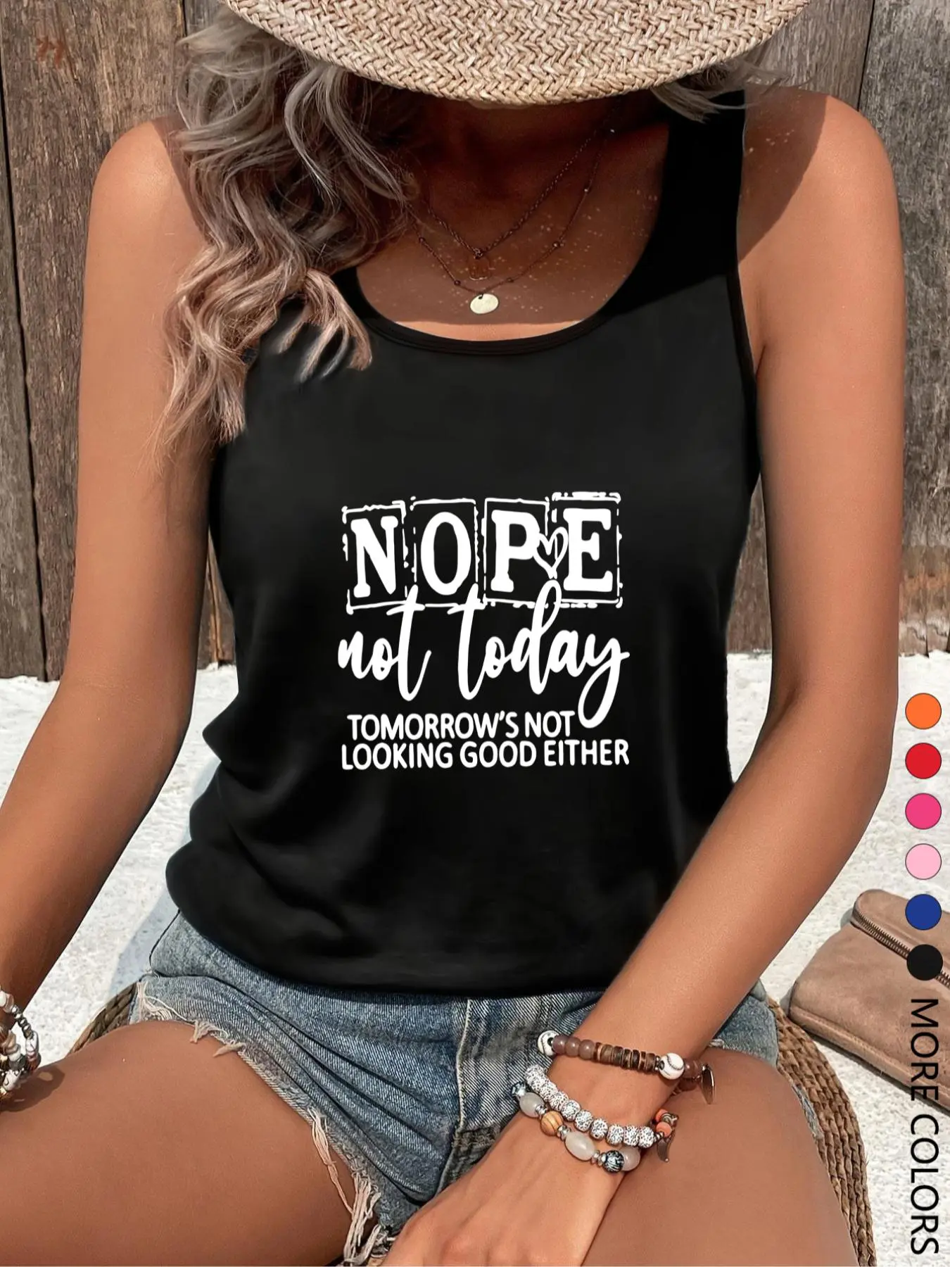 Women's Letter Print Round Neck Tank Top, Beach Tank, Summer Sleeveless Top, Casual Sleeveless Top for Daily Wear, Ladies Clothes for All Seasons, Socks