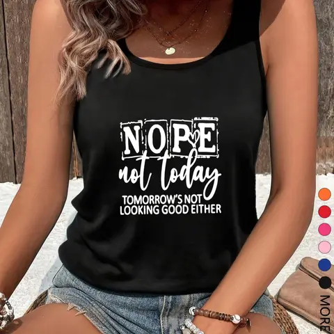 Women's Letter Print Round Neck Tank Top, Beach Tank, Summer Sleeveless Top, Casual Sleeveless Top for Daily Wear, Ladies Clothes for All Seasons, Socks