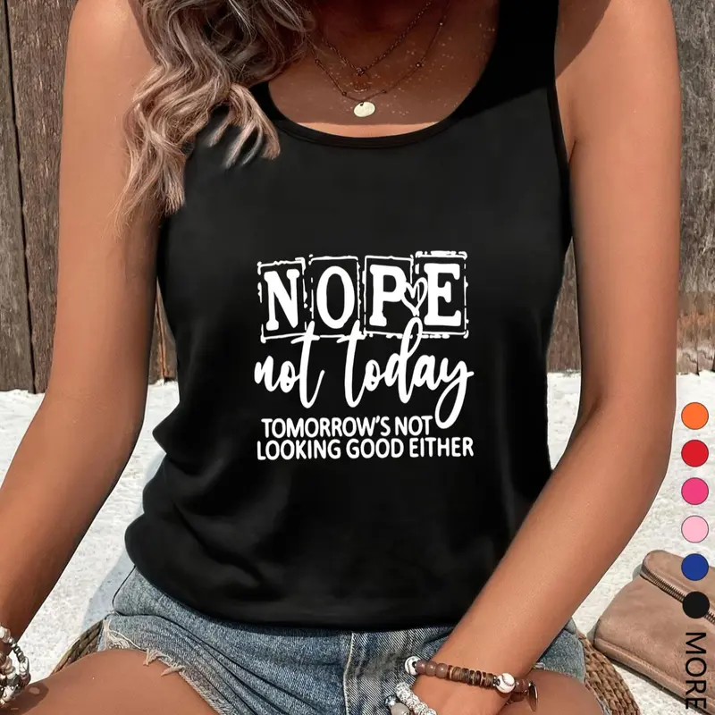 Women's Letter Print Round Neck Tank Top, Beach Tank, Summer Sleeveless Top, Casual Sleeveless Top for Daily Wear, Ladies Clothes for All Seasons, Socks