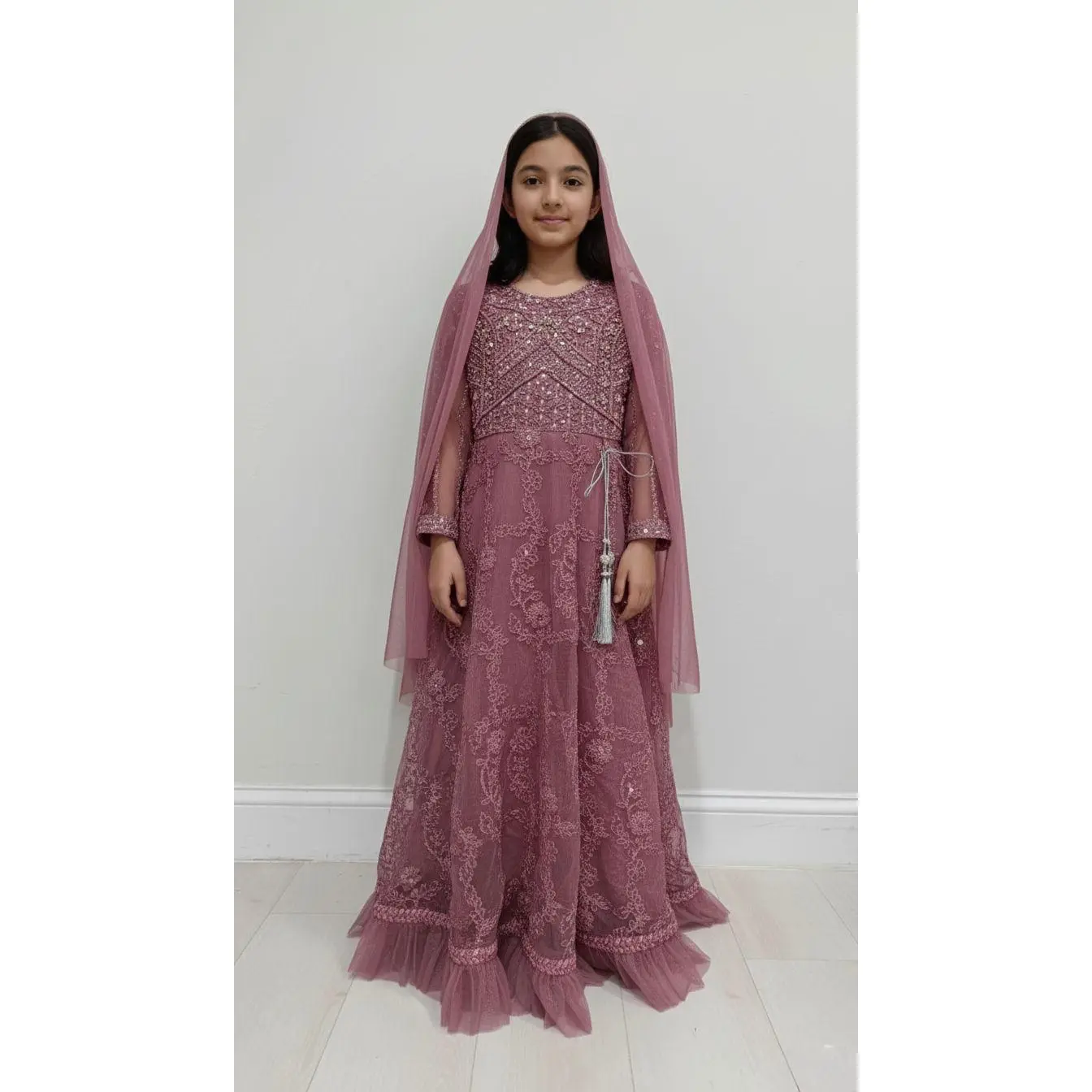 Girls Mauve Floral Embroidered Net Maxi Dress