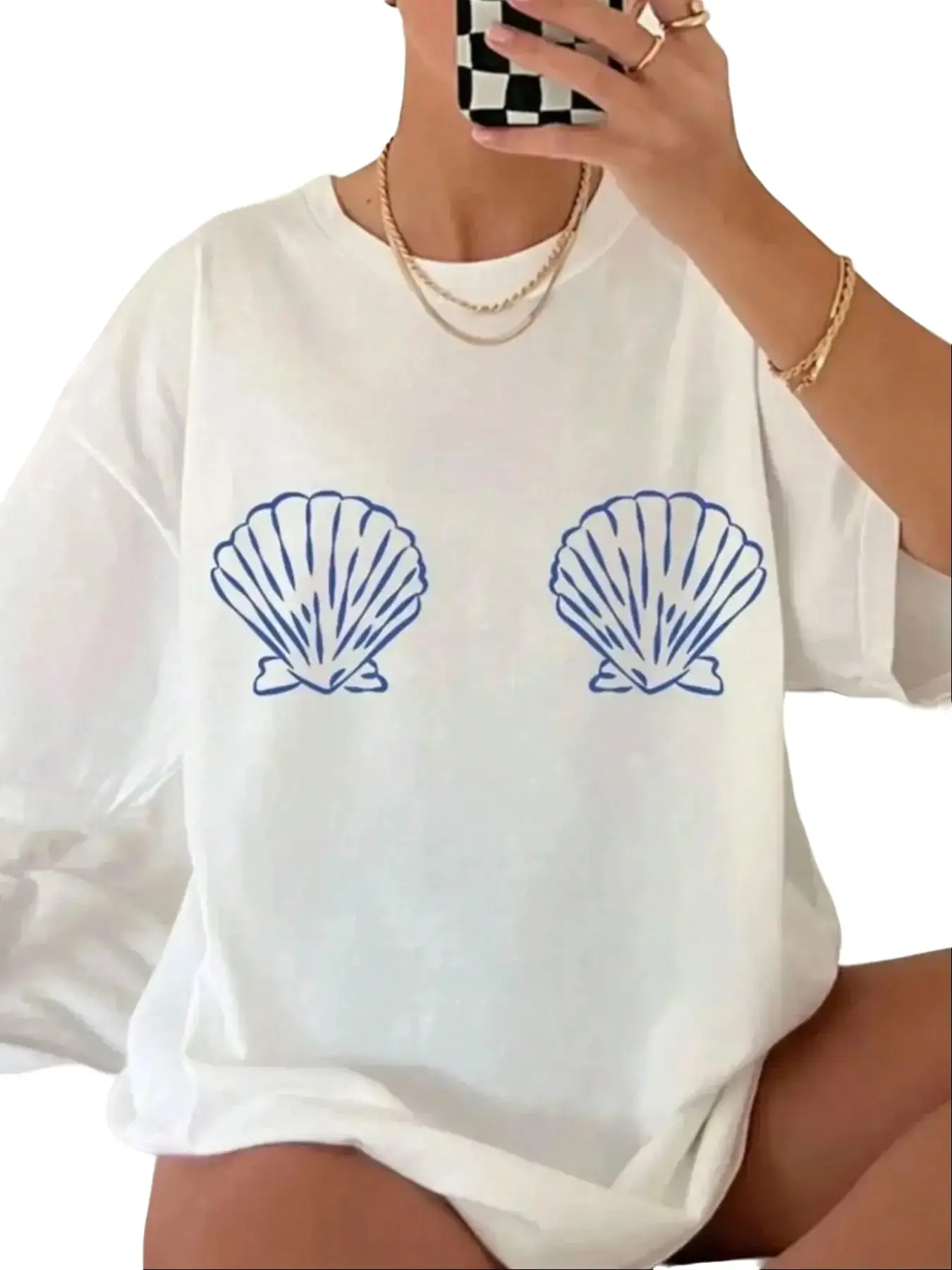 Seashell Print White T-Shirt, Breathable Summer Beach Graphic Tee, Coastal Y2K Vacation Casual Top, Soft Lightweight Daily Wear, Mermaidcore Short Sleeve, Round Neck Tee for Women, Perf,Street,shirts