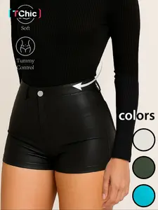 Women's High-Waisted Faux Leather Shorts - Matte Slim-Fit Minimalist Design - Comfortable Stretchy Fabric - Tummy Control