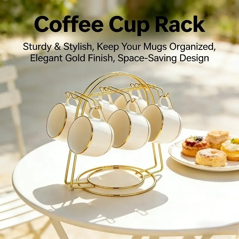 Elegant Iron Coffee Cup Holder Rack, 6 Cup Base Storage Shelf, Home Living Room Table Organizer, High Aesthetic Desktop Display Stand, Coffee Mug Display, Beverage Organizer