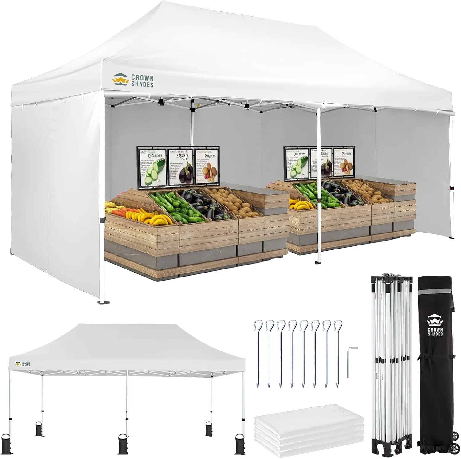 CROWN SHADES 10x20 Pop Up Canopy Tent, Thicken Frame Commercial Heavy Duty Tent, 4 Sidewalls 8 Stakes & 4 Sandbags & 4 Ropes, Outdoor Canopies for Events, Parties,White