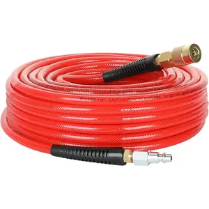 1/4-Inch x 50 Feet Polyurethane Air Hose with Bend Restrictors PU Compressor Hose with 1/4" Industrial Quick Coupler and Plug Kit, Red