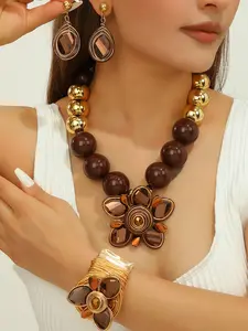 Handmade Floral Jewelry Set, Acrylic & Artificial Crystal, Round Resin Necklace Earrings Bracelet, 3 Piece Set, Elegant Accessories