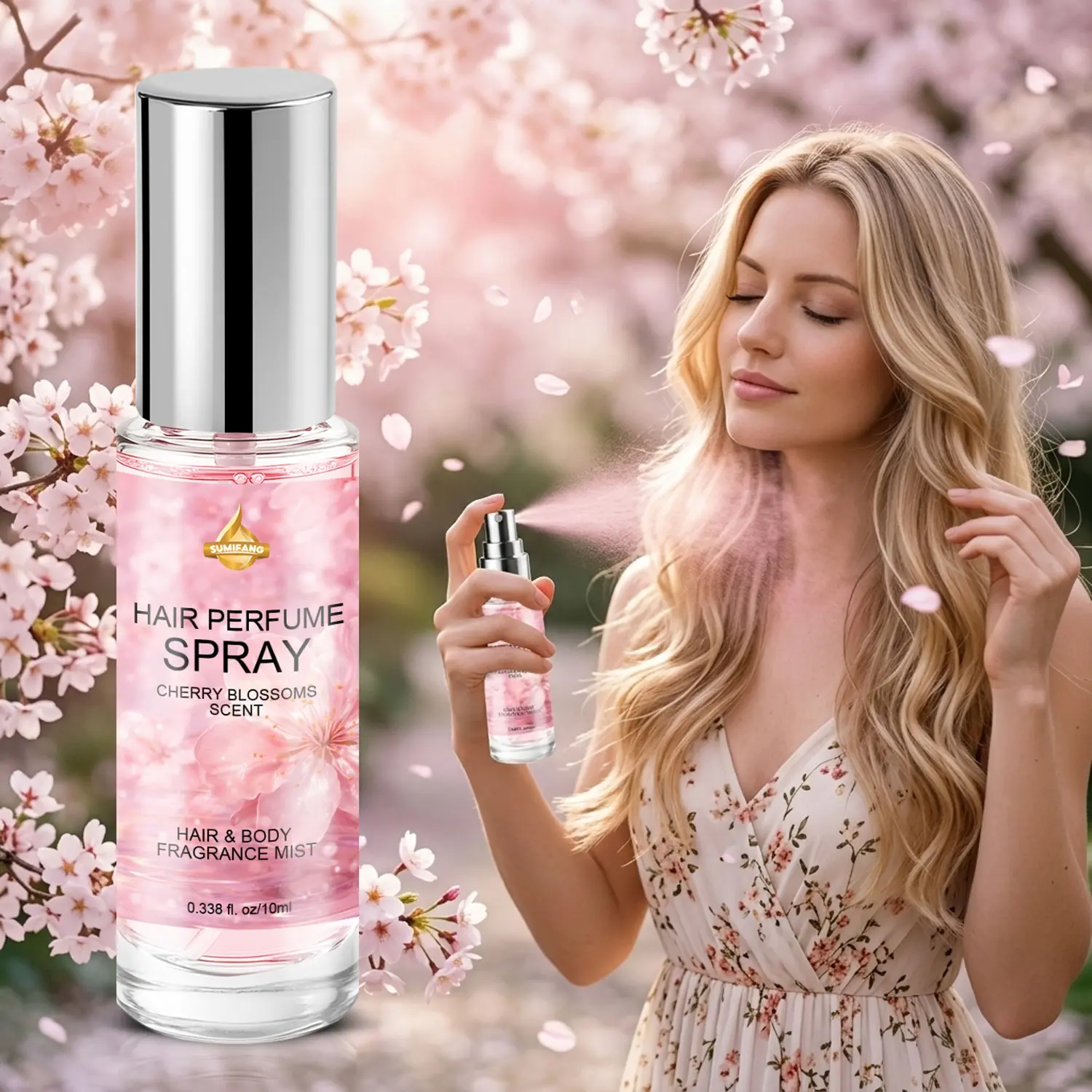 SUMIFANG Cherry Blossom Scented Hair and Skin Spray 10ml, Hydrating Hair Mist, Cherry blossom scent + hydrolyzed protein + argan oil – Freshens hair fragrance, adds shine, leaves hair non-greasy and Lightweight, Long-lasting fragrance, moisturizes hair