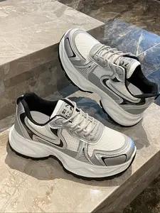 Women's Sporty Dad Shoes Preppy Style, Thick Sole Height Increase Sneakers, Breathable Mesh & Leather Patchwork Design, Fashion Outdoor Walking Athletic Running Shoes