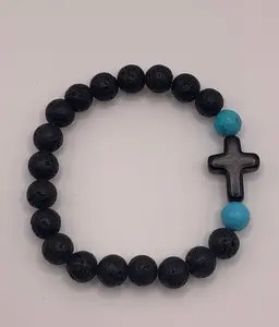 Natural Lava Rock Bead Bracelet, Turquoise Cross Bead Bracelet