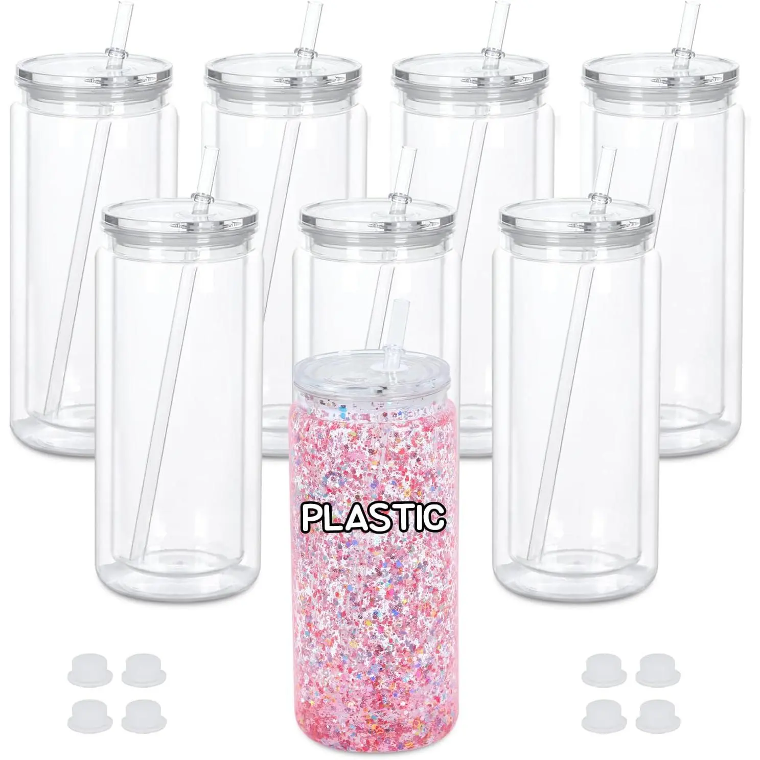 20 Oz Plastic Snowglobe Tumbler, 8 Pack Pre-Drilled Double Wall  Snow Globe Cup, Plastic Clear Cup for Snowglobe, with Clear Lid