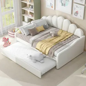 Full Size Daybed Frame with Trundle Bed, Velvet Upholstered Daybed with Shall Shaped Backrest, Perfect for Living Rooms, Apartments, Studios, White