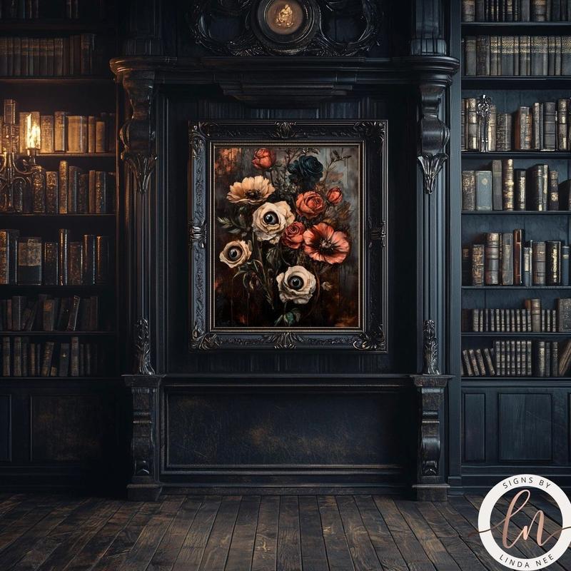 Macabre Botanical Goth Print, Dark Academia Home Decor, Victorian Gothic Poster, Forestcore, Autumn Colors, Spooky Eyes Flowers | Unframed P