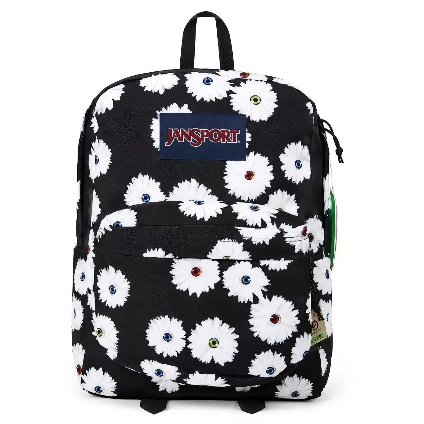 Jansport Eyeball 26L Backpack - Black with White Floral Pattern, Zip Closure, and Multiple Pockets