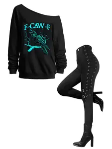 DRESSLILY 2025 Women Outfit F-CAW-F Raven Print Sweatshirt Skew Neck Long Sleeve Sweatshirt & Grommet Lace Up Pants Gothic Matching Outfits