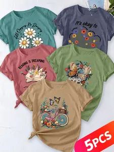 Women's 5-Pack Casual Crew Neck T-Shirt, Daisy Slogan, Floral Slogan, Book & Flowers, Blooming Butterfly & Floral Bicycle Print, Multiple Colors Available, Machine Washable, Spring & Summer Top, Soft Skin-Friendly Fabric, Daily Versatile, Fashion Design