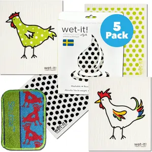 Wet-it! Swedish Sponge Cleaning Cloth Chicken Set 4 Pack with Bonus Skrubba Cotton Gift Glass Household Absorbs 16x Weight Eco-Friendly Reusable Towels