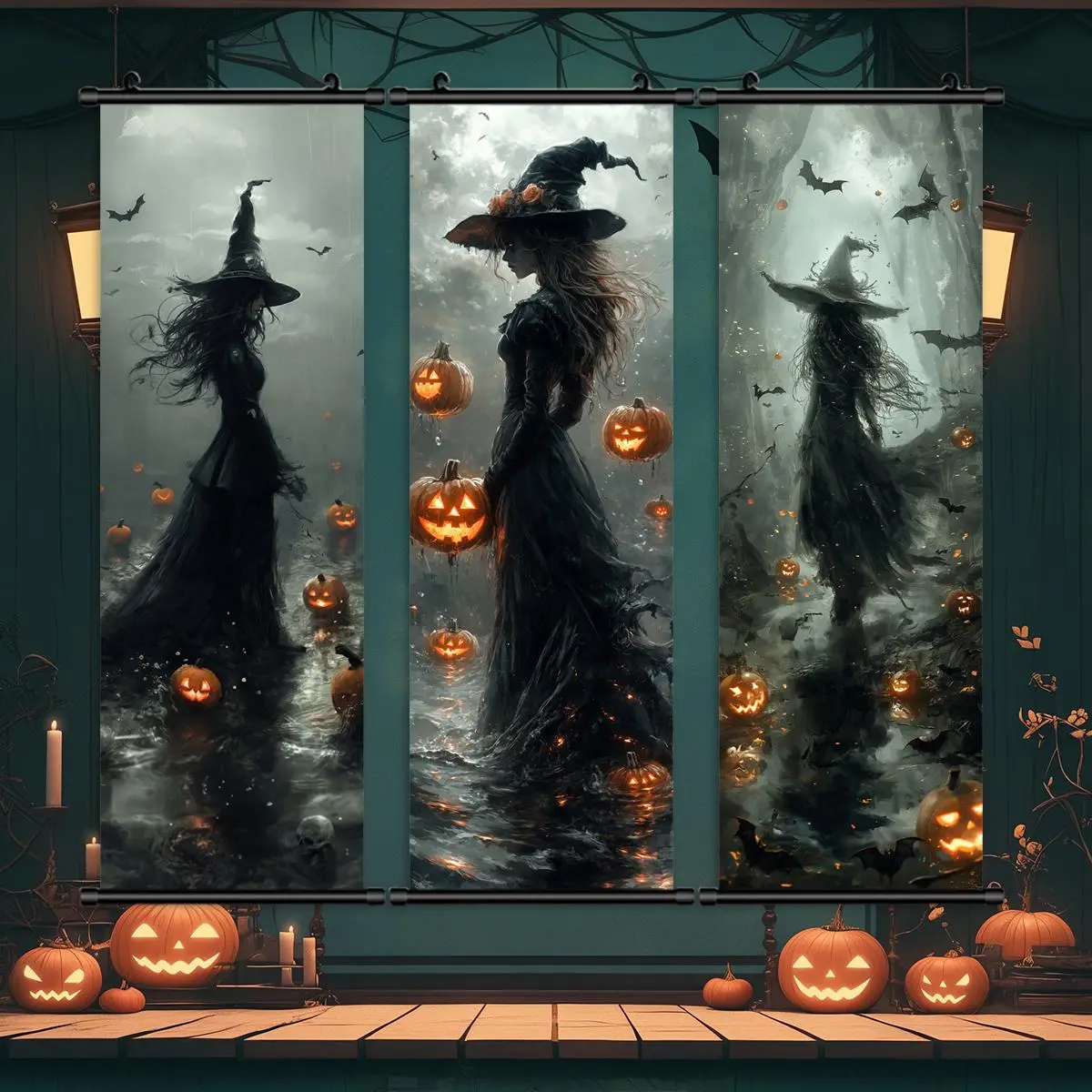 Halloween Hanging Banner, 3 Counts/set Witch Pattern Wall Art, Horror Poster, Halloween Decorations, Party Posters, Living Room Decoration, Wall Hanging Backdrop, Home Decor Banner