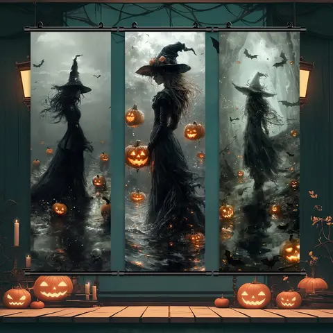 Halloween Hanging Banner, 3 Counts/set Witch Pattern Wall Art, Horror Poster, Spooky Halloween Decorations, Party Posters, Living Room Decoration, Wall Hanging Backdrop, Home Decor Banner