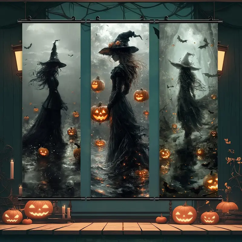 Halloween Hanging Banner, 3 Counts/set Witch Pattern Wall Art, Horror Poster, Spooky Halloween Decorations, Party Posters, Living Room Decoration, Wall Hanging Backdrop, Home Decor Banner
