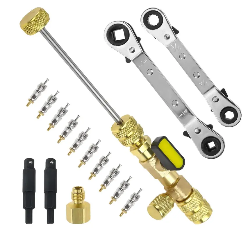 Valve Core Remover Installer Tool & Service Wrench Multi-Port Set, Easy-to-Use Copper Alloy Kit with 1/4- & 5/16-Port Brass Adapters, Knurled Grip, Waterproof, Sealing, Oil-Resistant, Quick & Easy Refrigerant-Free Removal for Home Refrigeration Equipment