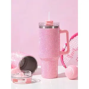 40 Oz Stainless Steel Car Cup, Rhine-Diamond And Sippy Cup, 1Pc Vacuum Insulated Water Bottle, Suitable For Home, Office Or Car, Reusable Cup, Sippy Leak-Proof Flip (Pink, Black, Green, Purple, Blue) Christmas Holiday, Valentine's Day, Mother's Day Gifts