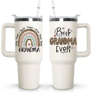 Ceovfoi Grandma Tumbler with handle Lid and Straw, 40 oz Best Grandma Ever Vacuum Insulated Travel Coffee Mug CupTumbler, Mothers Day Gifts for Grandmothe