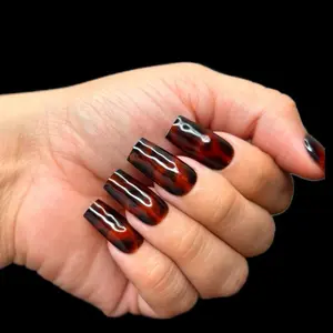 Tortoise Design Press On Nails - Unique Red and Black Patterned Nail Art for Stylish Looks Glossy Finish Perfect for Fall Season