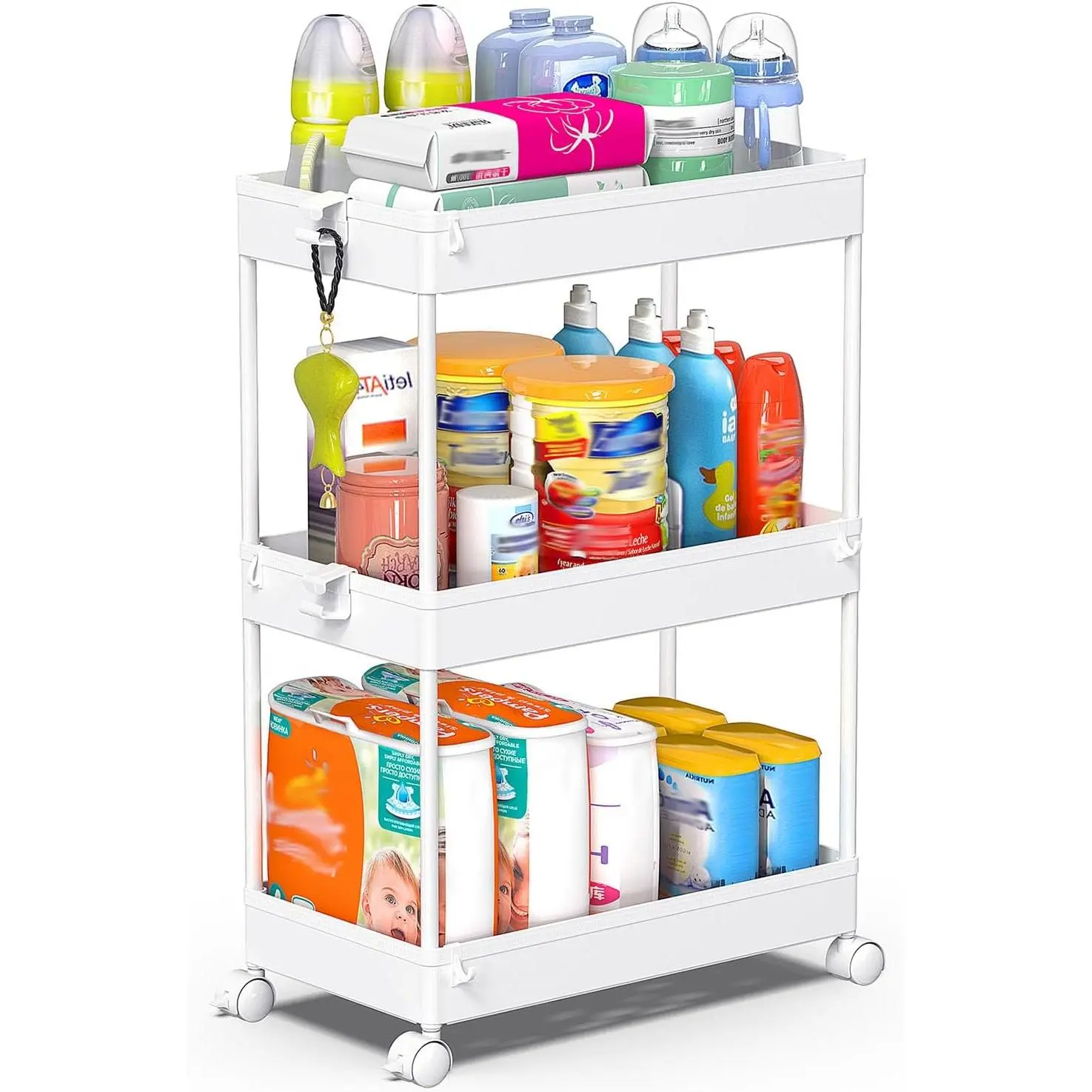 Rolling Storage Cart 3 Tier, Bathroom Cart Organizer Laundry Room Organizer Utility Cart Mobile Shelving Unit Multi-Functional Shelves for Office, Kitchen, Bathroom, White Racks Grey