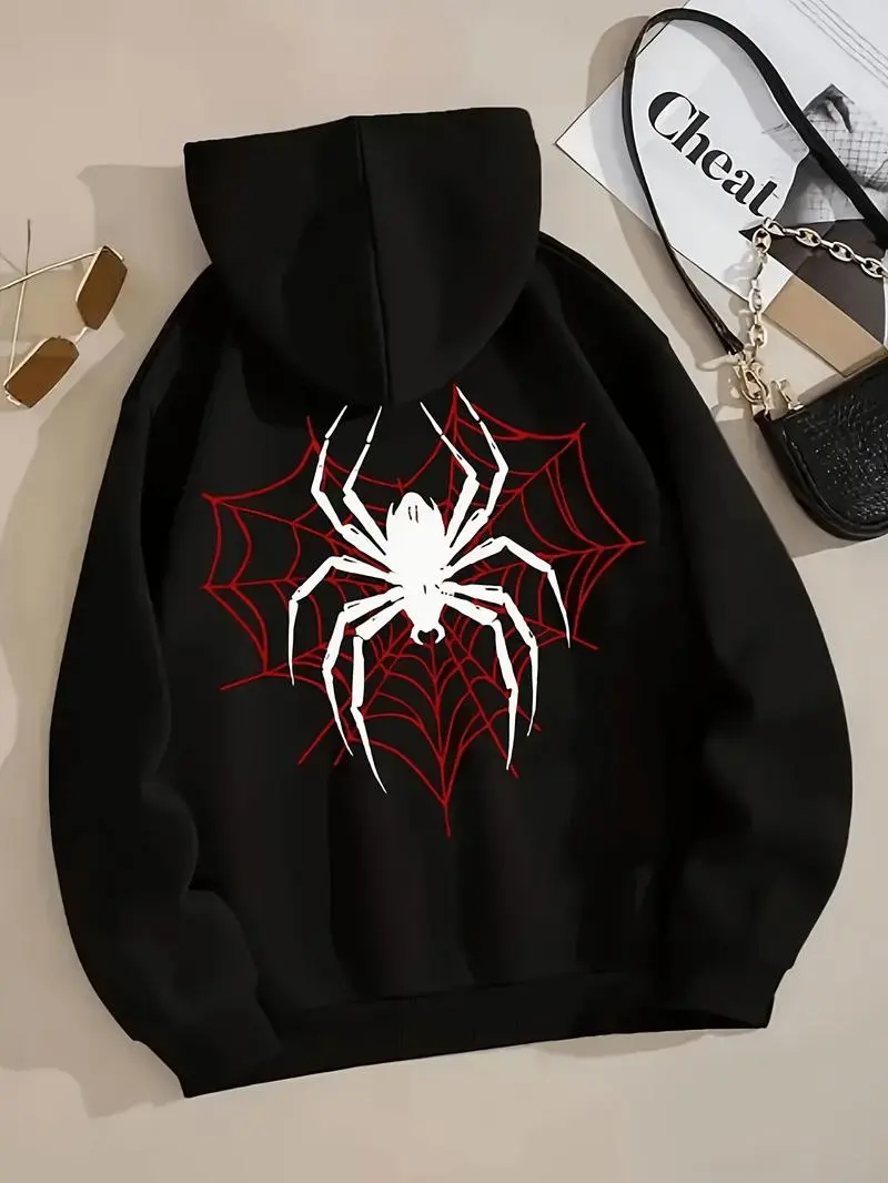 Women's Hoodie Sweatshirt, Oversized Streetwear Style with Spider Graphic, Comfortable Thick Cotton Blend for Fall-Winter, Smooth, Fashion