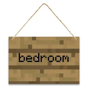 8-Bit Pixel Art Hanging Bedroom Door Sign Retro Gamer Room Decor Aesthetic Video Game Wall Art Voxel Wooden Texture Canvas Plaque with String Kids Teen Boy Room Makeover Geeky Gift Gaming Cave Setup Accessories Ornaments Hangable Decoration