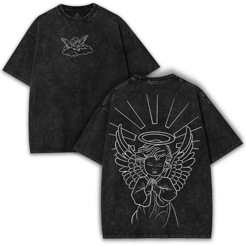 Praying Halo Baby Angel Oversized Tee: Washed Heavy Cotton Vintage Streetwear