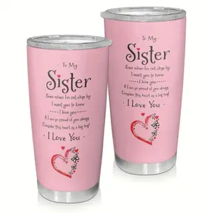 Stainless Steel Tumbler 20 oz - Pink Insulated Travel Mug with Lid - "To My Sister" Heartfelt Message - Drinkware, Flasks