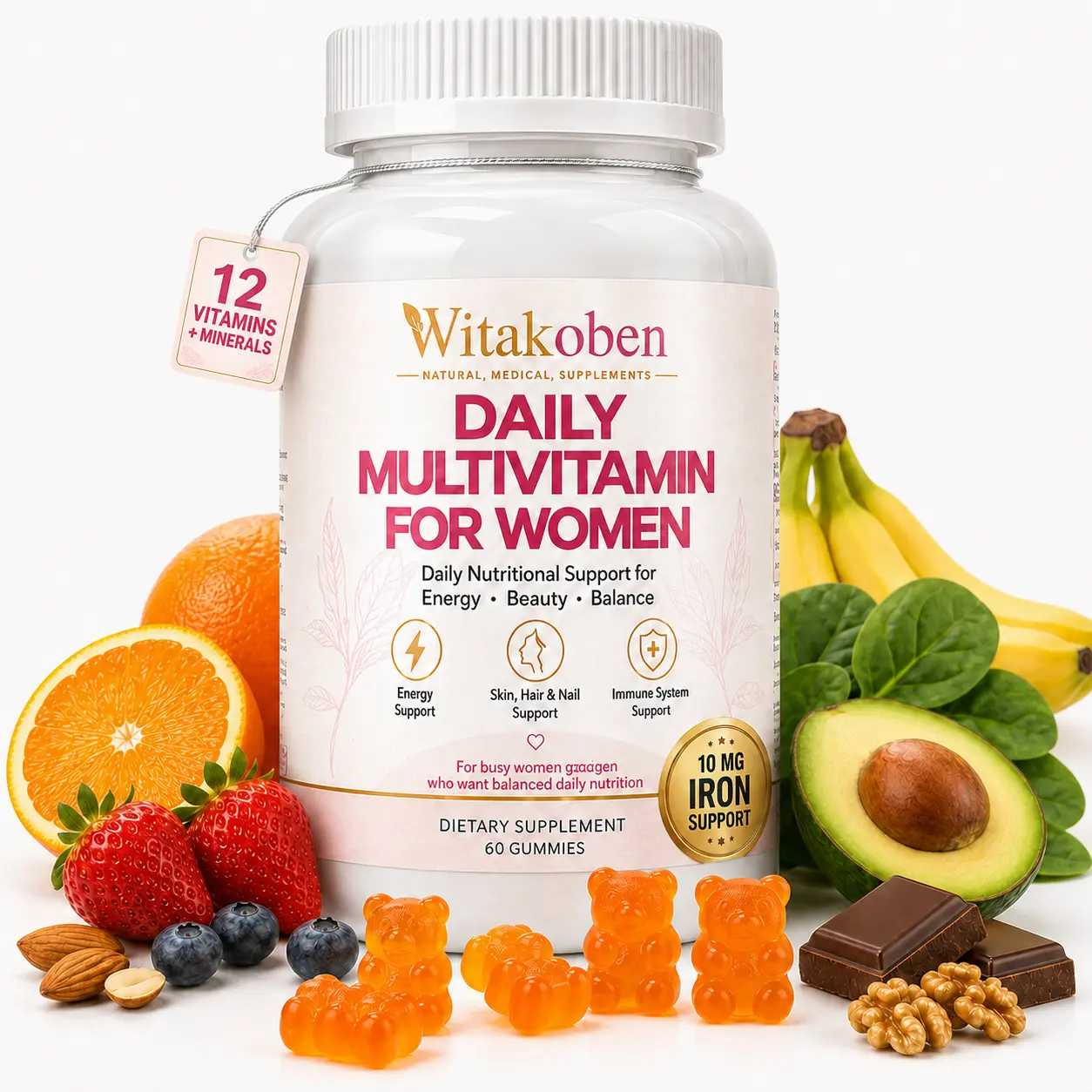 Witakoben Multivitamin Gummies for Women | 12 Essential Vitamins & Minerals with Biotin, Iron, Zinc, Vitamin D3, K2 & B Vitamins | Daily Nutritional Support