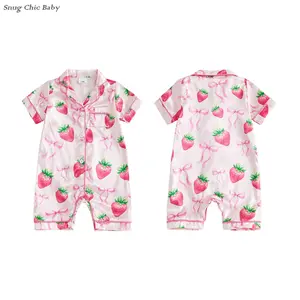 Cute and adorable satin romper for baby girls - short-sleeved button-down collar romper with strawberry bow print, soft and silky loungewear, suitable for newborns (pink, 0-18 months).